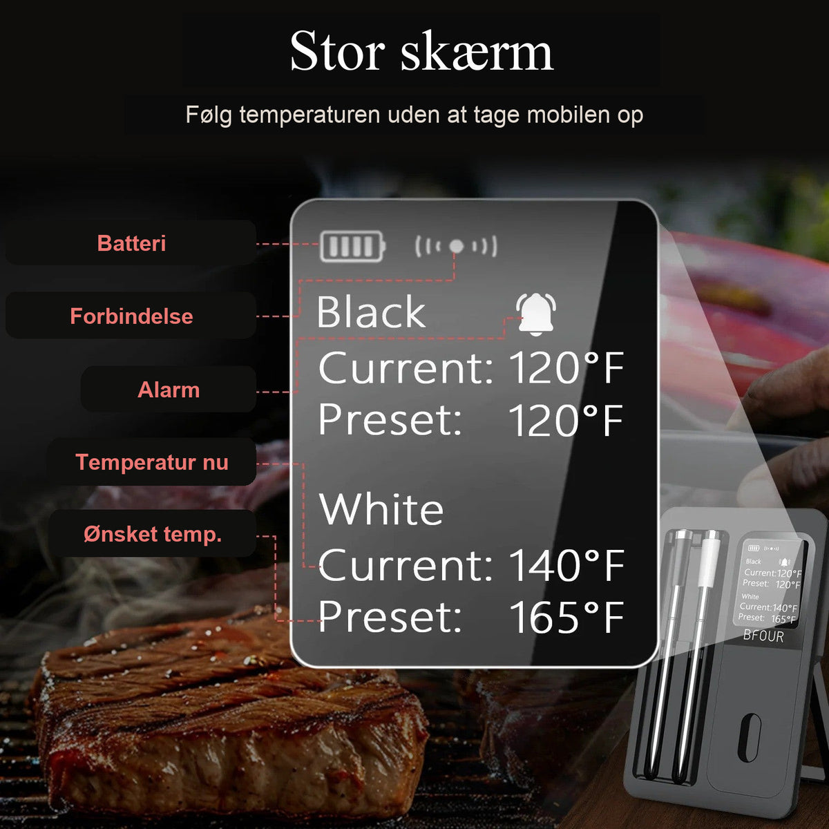 Display på trådløst stegetermometer med temperatur og alarm