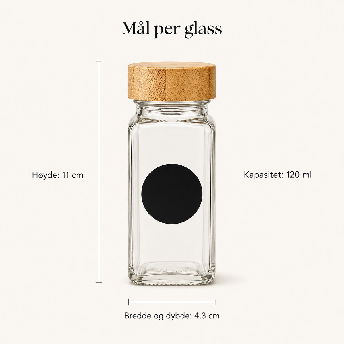 Krydderglass med bambuslokk – mål og kapasitet per glass