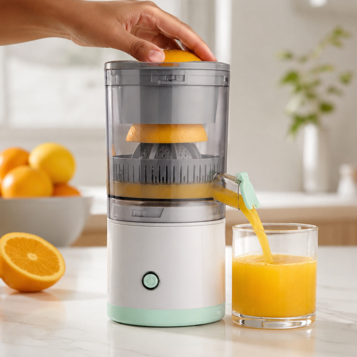 Automatisk juicepresser, der presser appelsin og tapper juice