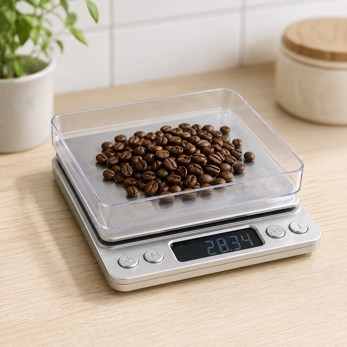 Klar beskyttelse brugt som vejeskål med kaffebønner