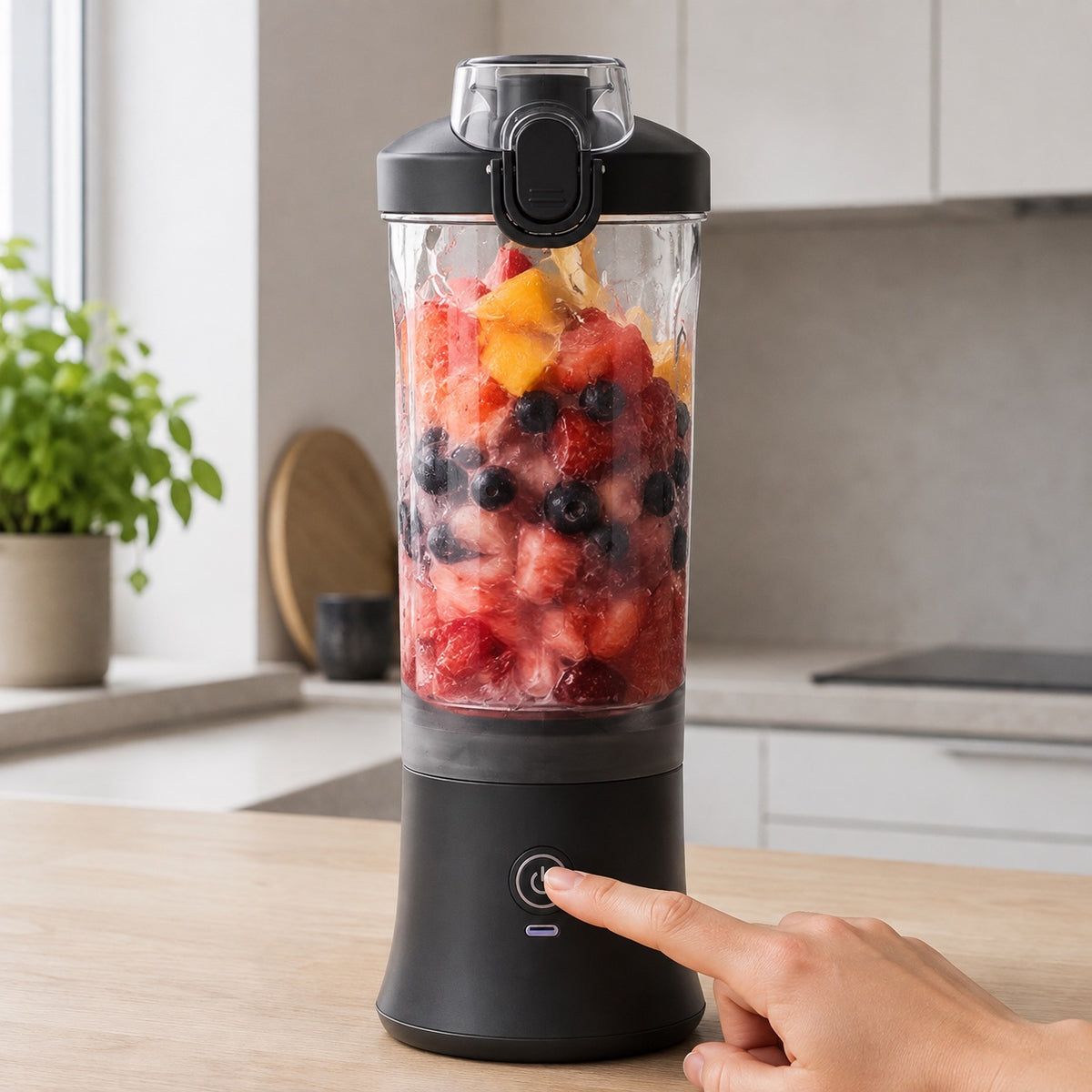 Bærbar blender A9 i sort med frugt og bær på køkkenbordet