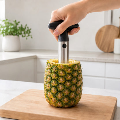 Sort ananasskærer i brug på en frisk ananas