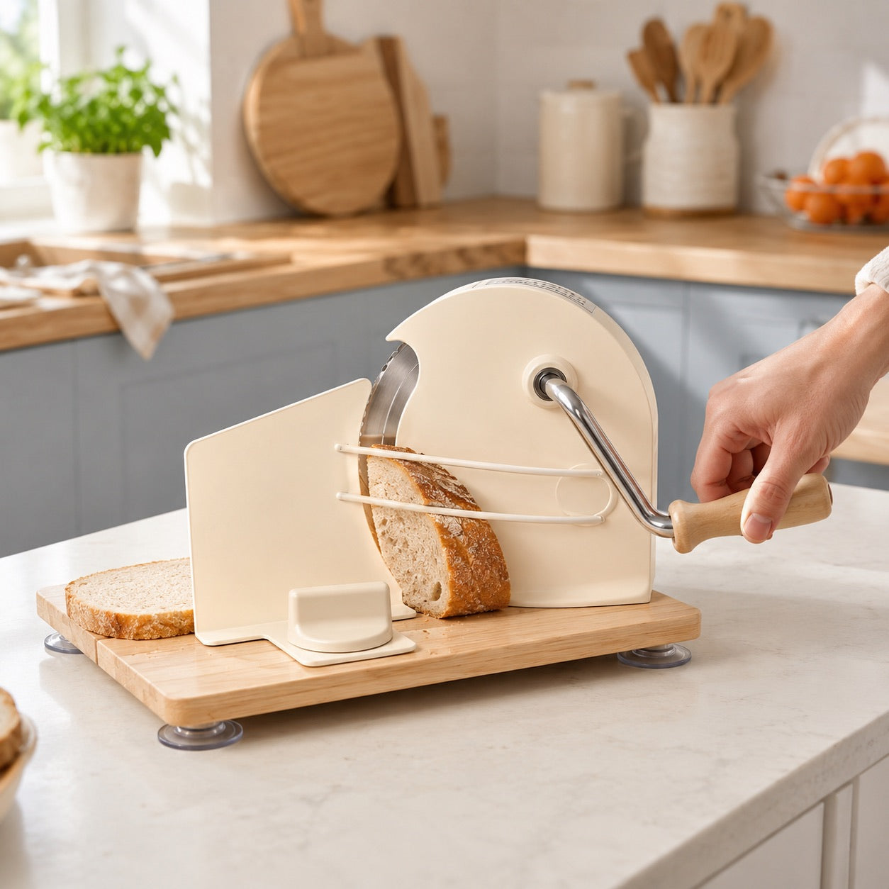 BrødGuide manuell brødskjærer i beige, modell AY-M70C, i bruk