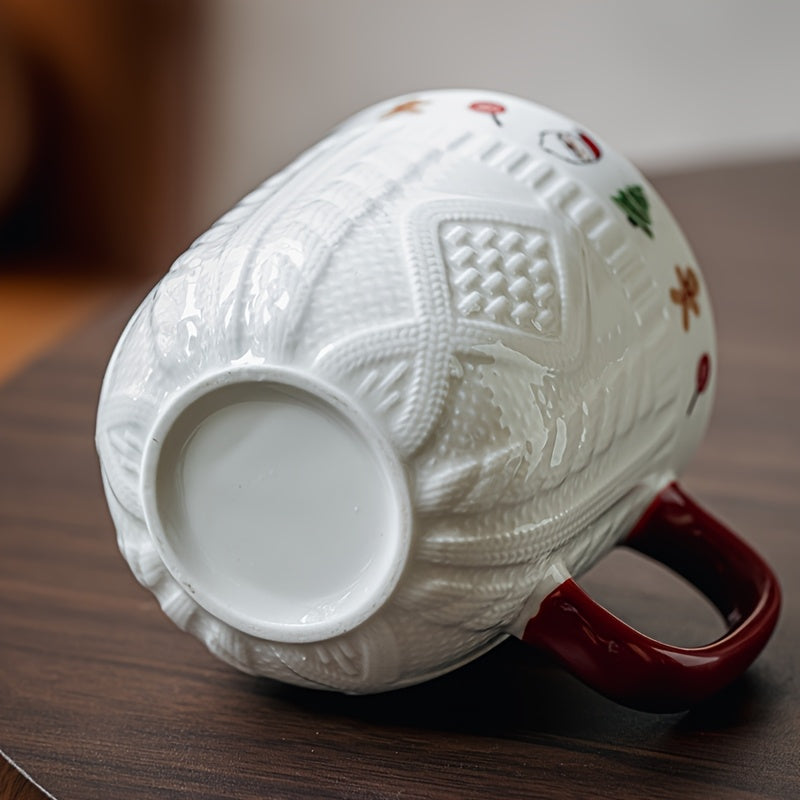 380ml Christmas Sweater Ceramic Mug with Festive Holiday Icons – Red Handle Coffee & Tea Cup Gift for Winter and Xmas - Til Kjøkkenet