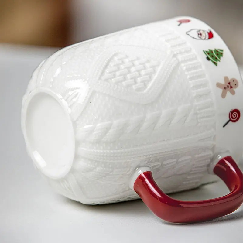 380ml Christmas Sweater Ceramic Mug with Festive Holiday Icons – Red Handle Coffee & Tea Cup Gift for Winter and Xmas - Til Kjøkkenet