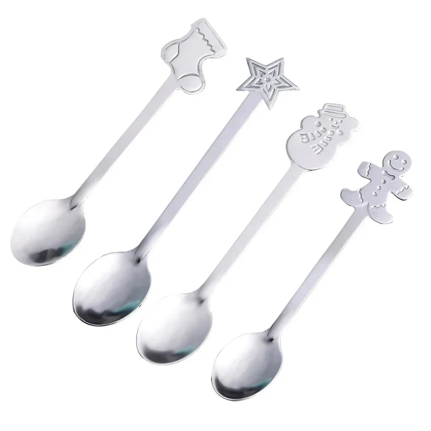 4Pcs Christmas Dessert Spoon Set with Gift Box Stainless Steel Gingerbread Man Cartoon Dessert Spoons Cutlery Spoon Xmas Gift - Til Kjøkkenet