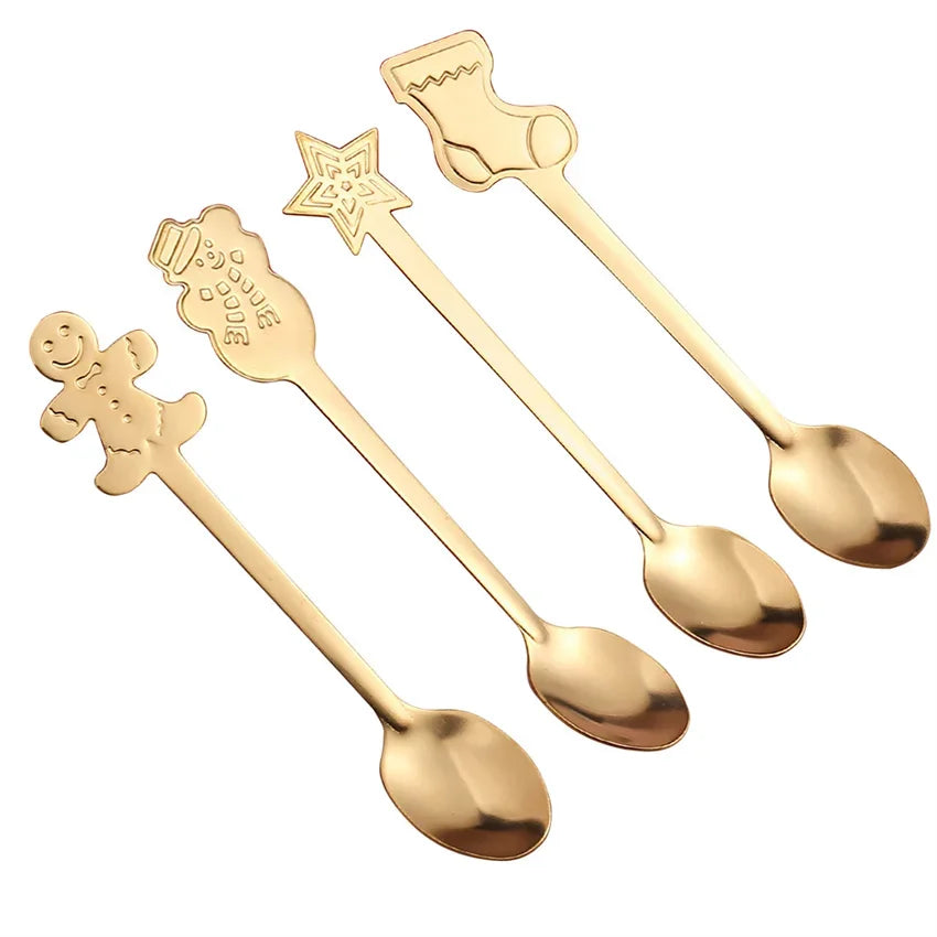 4Pcs Christmas Dessert Spoon Set with Gift Box Stainless Steel Gingerbread Man Cartoon Dessert Spoons Cutlery Spoon Xmas Gift - Til Kjøkkenet