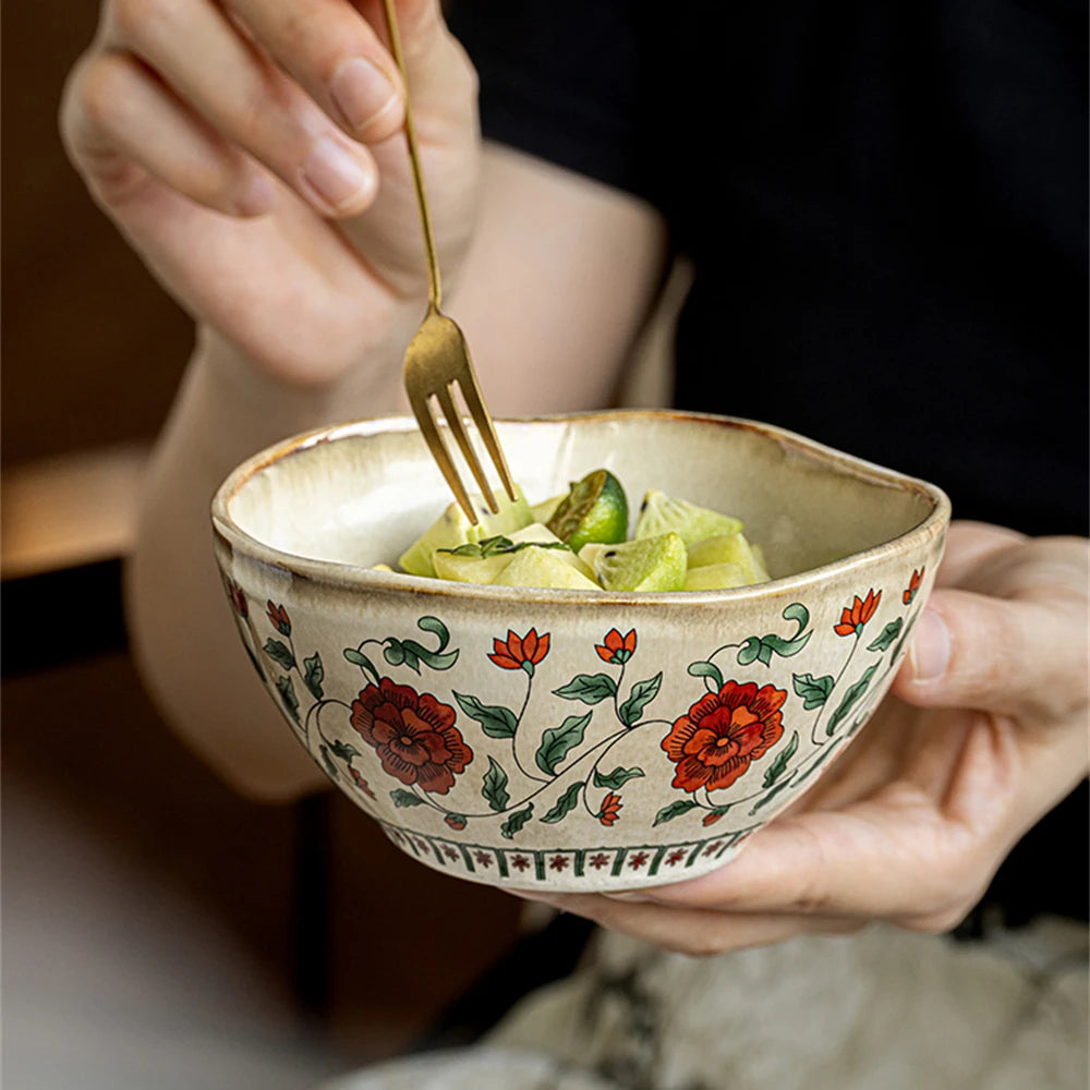 Chinese Retro Ceramic Small Bowl Exquisite Yogurt Bowl Peony Printed Breakfast Bowl Set Kitchen Supplies Tableware Gift 4.5in - Til Kjøkkenet