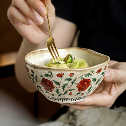 Chinese Retro Ceramic Small Bowl Exquisite Yogurt Bowl Peony Printed Breakfast Bowl Set Kitchen Supplies Tableware Gift 4.5in - Til Kjøkkenet
