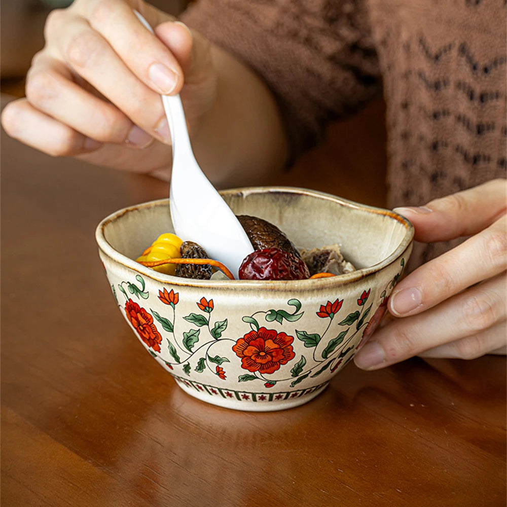 Chinese Retro Ceramic Small Bowl Exquisite Yogurt Bowl Peony Printed Breakfast Bowl Set Kitchen Supplies Tableware Gift 4.5in - Til Kjøkkenet