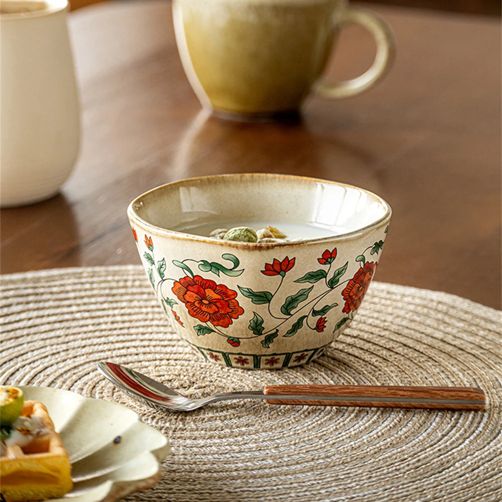 Chinese Retro Ceramic Small Bowl Exquisite Yogurt Bowl Peony Printed Breakfast Bowl Set Kitchen Supplies Tableware Gift 4.5in - Til Kjøkkenet