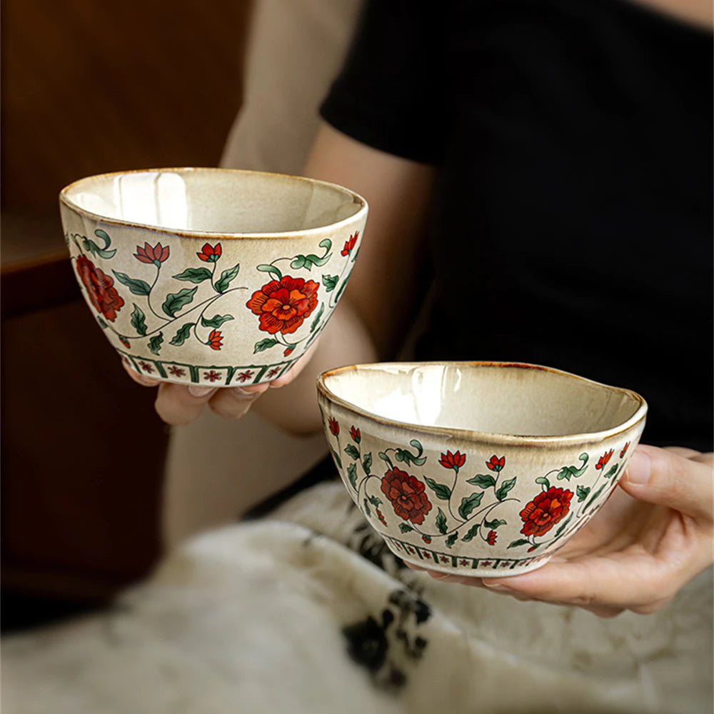 Chinese Retro Ceramic Small Bowl Exquisite Yogurt Bowl Peony Printed Breakfast Bowl Set Kitchen Supplies Tableware Gift 4.5in - Til Kjøkkenet