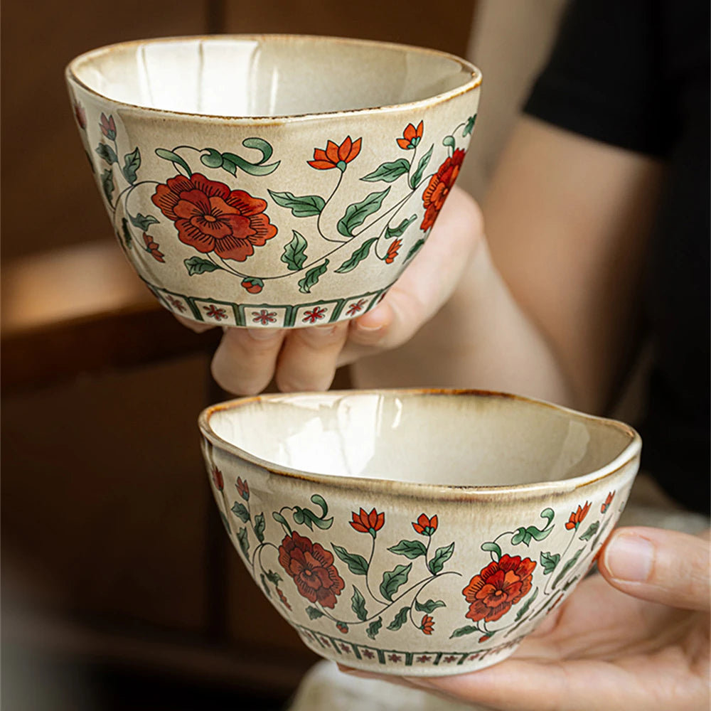 Chinese Retro Ceramic Small Bowl Exquisite Yogurt Bowl Peony Printed Breakfast Bowl Set Kitchen Supplies Tableware Gift 4.5in - Til Kjøkkenet