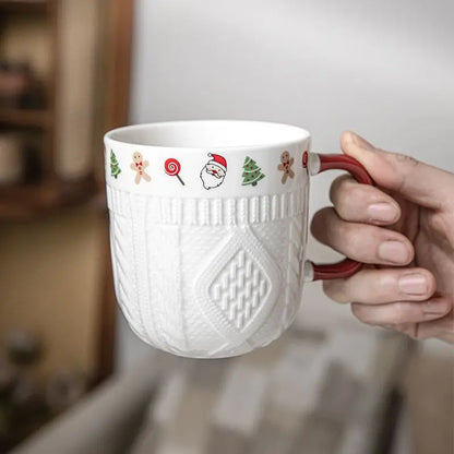 380ml Christmas Sweater Ceramic Mug with Festive Holiday Icons – Red Handle Coffee & Tea Cup Gift for Winter and Xmas - Til Kjøkkenet