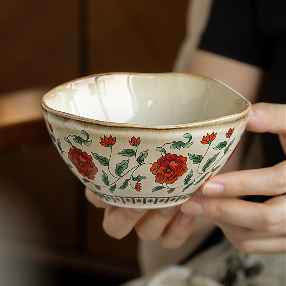 Chinese Retro Ceramic Small Bowl Exquisite Yogurt Bowl Peony Printed Breakfast Bowl Set Kitchen Supplies Tableware Gift 4.5in - Til Kjøkkenet
