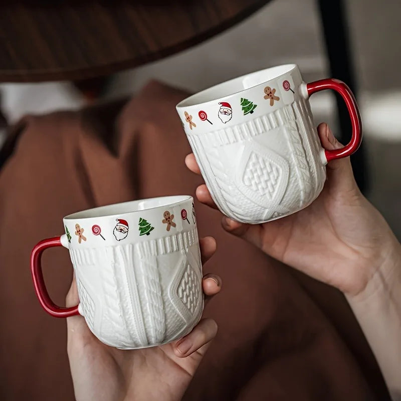 380ml Christmas Sweater Ceramic Mug with Festive Holiday Icons – Red Handle Coffee & Tea Cup Gift for Winter and Xmas - Til Kjøkkenet