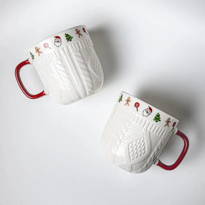 380ml Christmas Sweater Ceramic Mug with Festive Holiday Icons – Red Handle Coffee & Tea Cup Gift for Winter and Xmas - Til Kjøkkenet