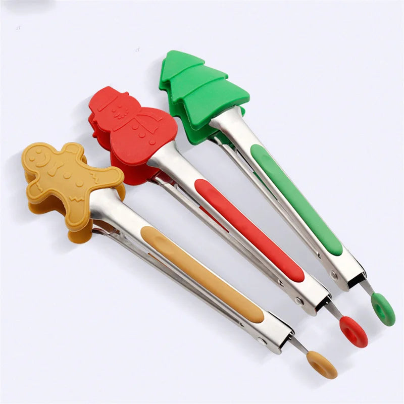 New Christmas Silicone Food Tong Gingerbread Man Snowman Xmas Tree Pattern Cooking Clip Steak Bread Clamp Kitchen BBQ Salad Tool - Til Kjøkkenet
