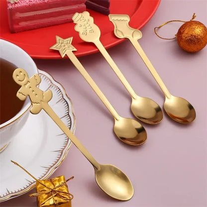 4Pcs Christmas Dessert Spoon Set with Gift Box Stainless Steel Gingerbread Man Cartoon Dessert Spoons Cutlery Spoon Xmas Gift - Til Kjøkkenet