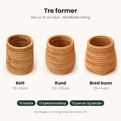 Tre former: Rett 7,5 × 9 cm, Rund 7,5 × 7,5 cm og Bred bunn 7,5 × 9 cm, alle ca. 10 cm høye
