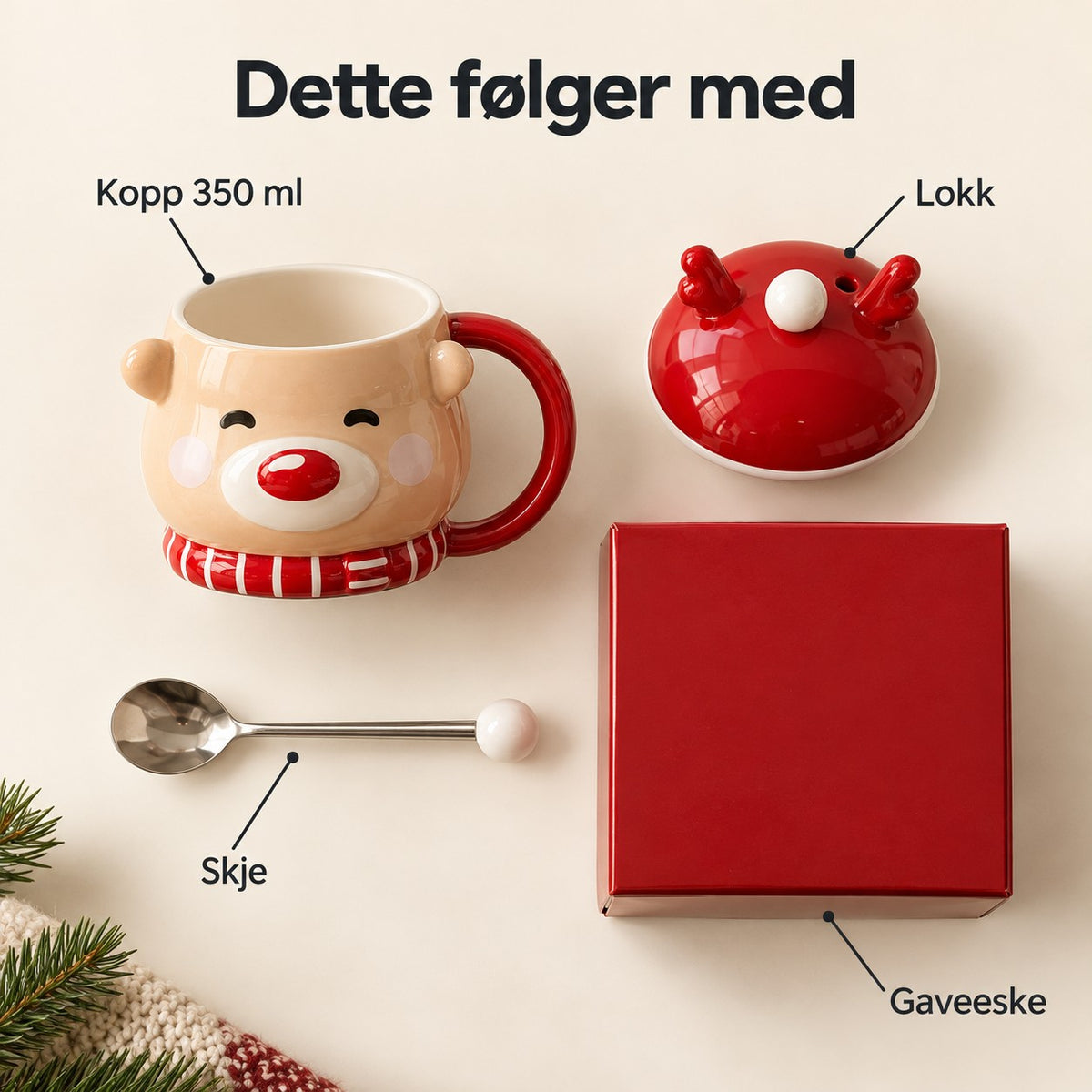 Dette følger med: kopp 350 ml, lokk, skje og gaveeske
