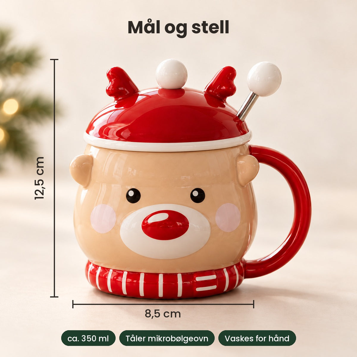 Mål og stell: 12,5 cm høy, 8,5 cm bred, ca. 350 ml, tåler mikrobølgeovn, vaskes for hånd