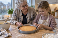 Bestemor og barnebarn baker med kakeformen