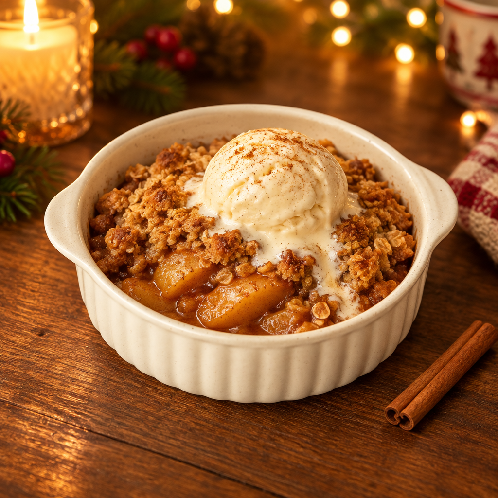 Hvit keramikkskål med eplecrumble og vaniljeis