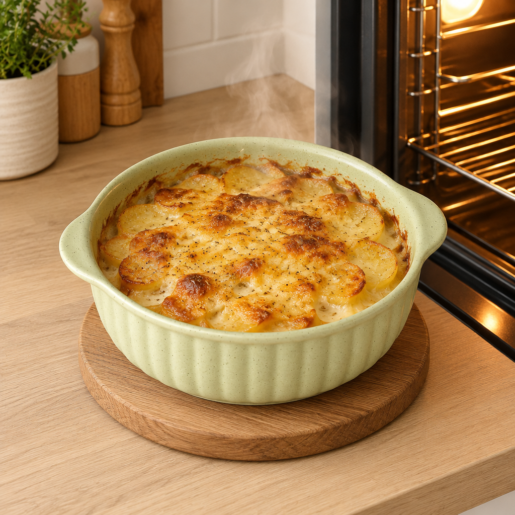 Grønn keramikkskål med gratinert potet rett fra ovnen
