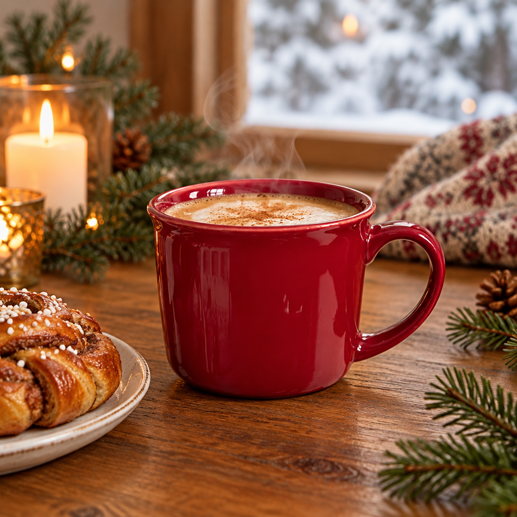 Rød kopp med cappuccino og kanelbolle i desember