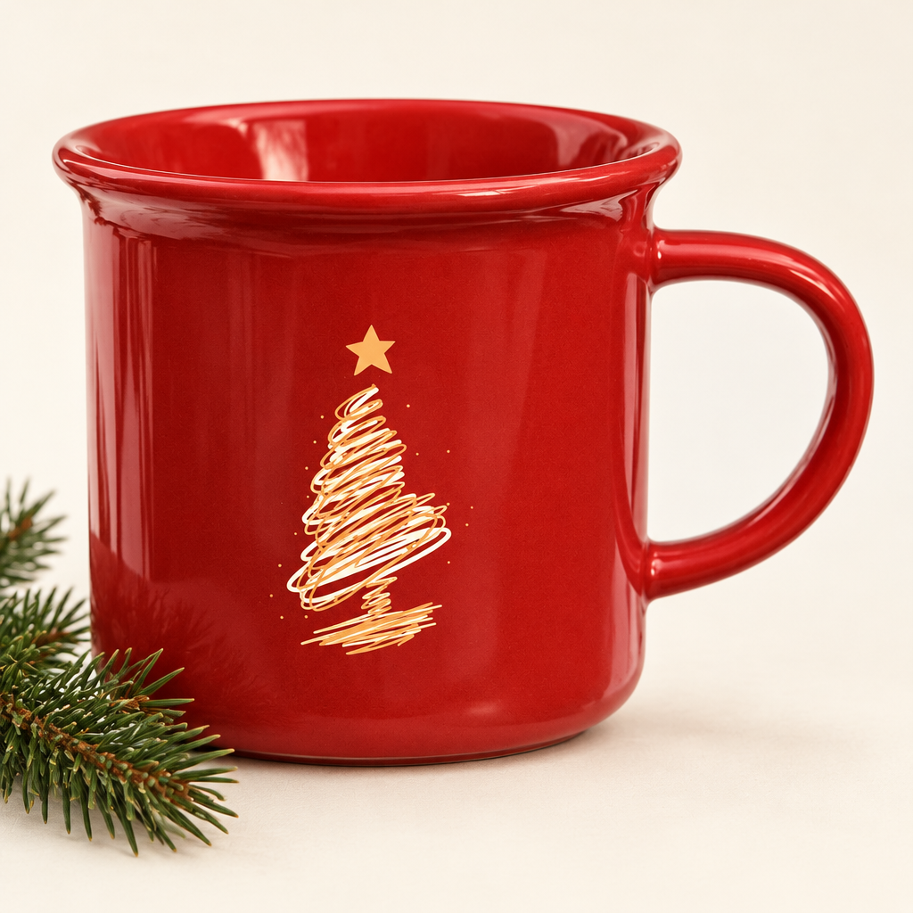 Rød julekopp med gyllent juletre