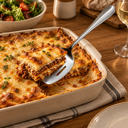 Stekespade med hull løfter lasagne