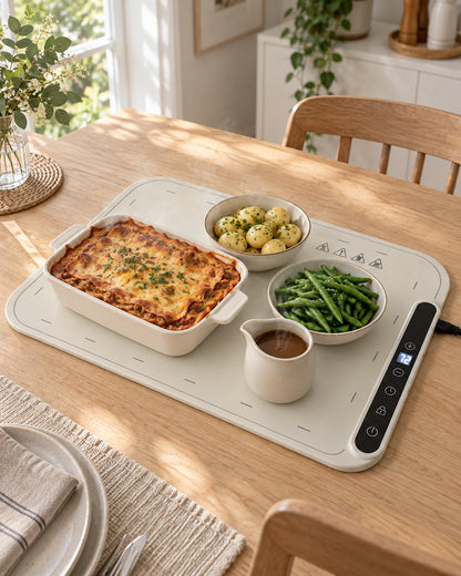 Lunna med lasagne, poteter og bønner på middagsbordet