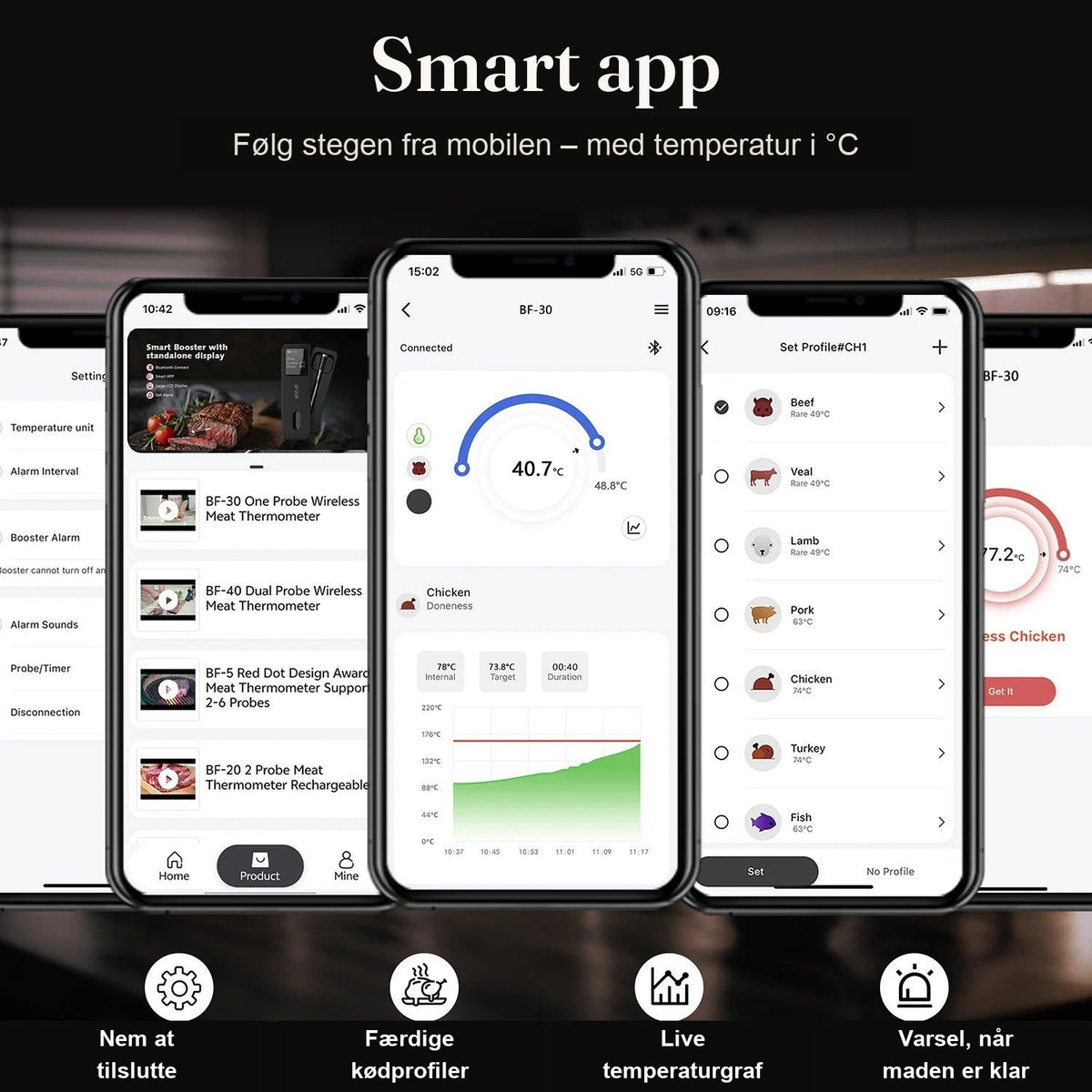 App og funktioner til trådløst stegetermometer