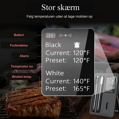 Display på trådløst stegetermometer med temperatur og alarm