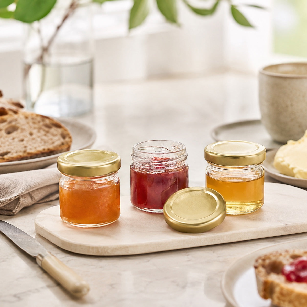 Mini-syltetøjsglas med guldlåg til morgenmadsservering