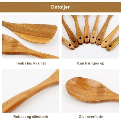 Køkkenredskaber i teaktræ, detaljer