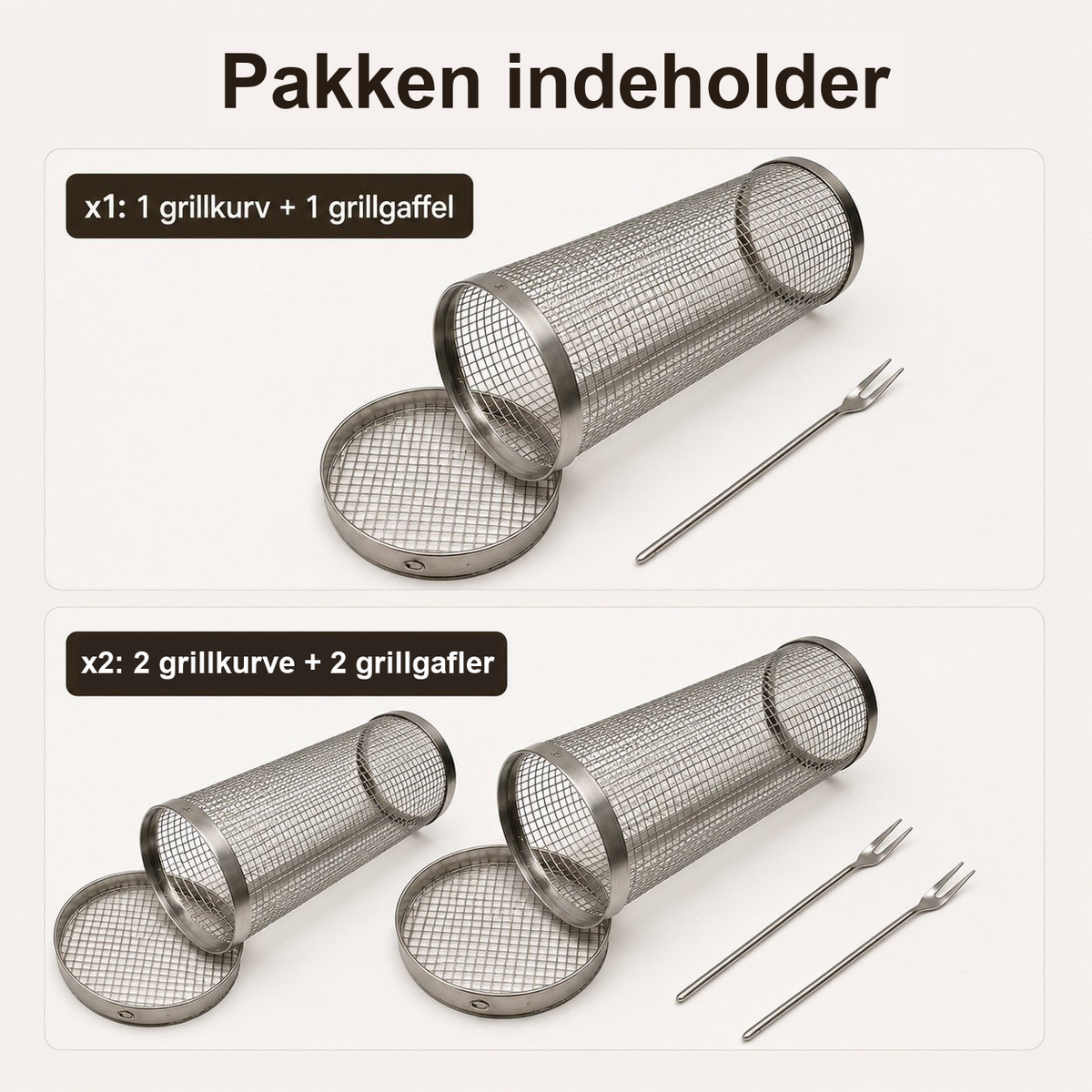 Pakken indeholder grillkurve og grillgafler i sæt med én eller to af hver