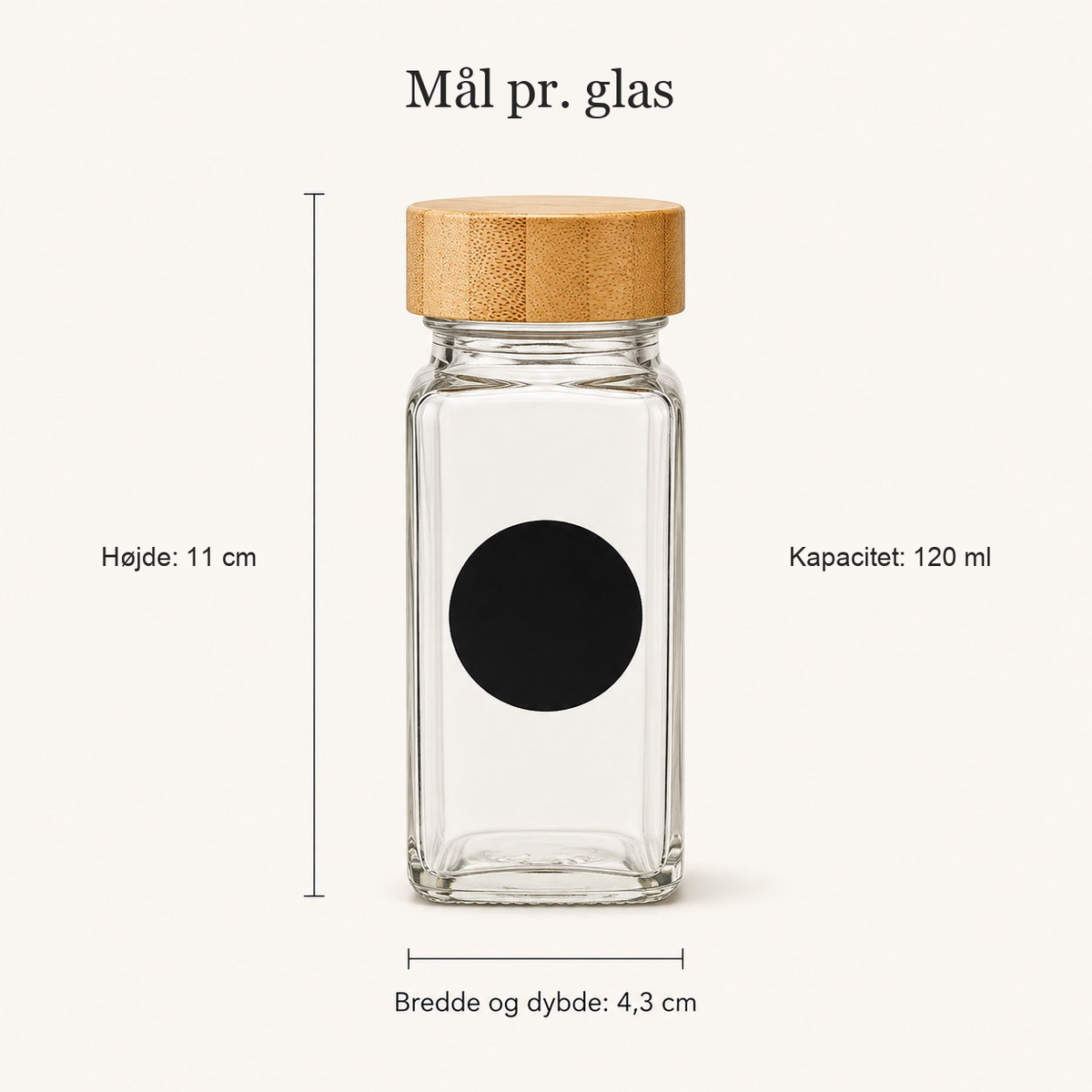Krydderglas med bambuslåg, mål og kapacitet
