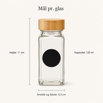 Krydderglas med bambuslåg, mål og kapacitet