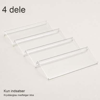 Krydderihylde med fire gennemsigtige indsatser; krydderglas medfølger ikke