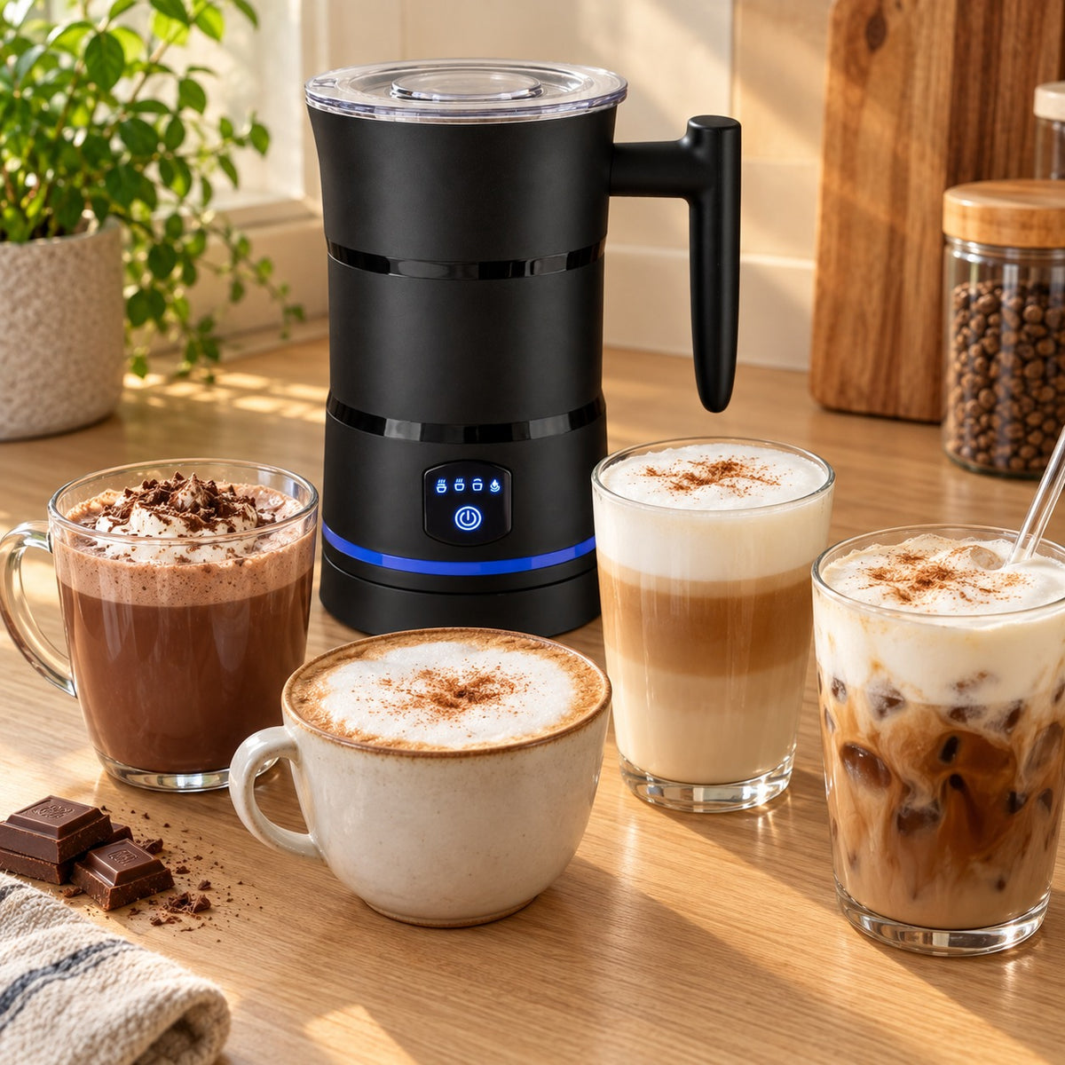 Kakaomaskin med varm kakao, cappuccino, latte og iskaffe med kaldt skum
