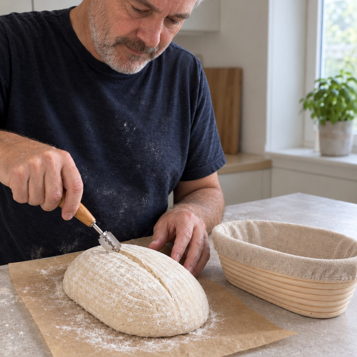 Mann lager et snitt i surdeigsbrødet med lamen, med hevekurven ved siden av