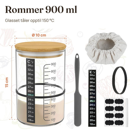 Glasskrukken rommer 900 ml, er 10 cm bred og 15 cm høy