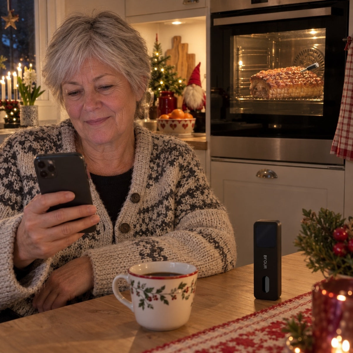 Kvinne følger ribba i ovnen fra mobilen, boosteren står på bordet
