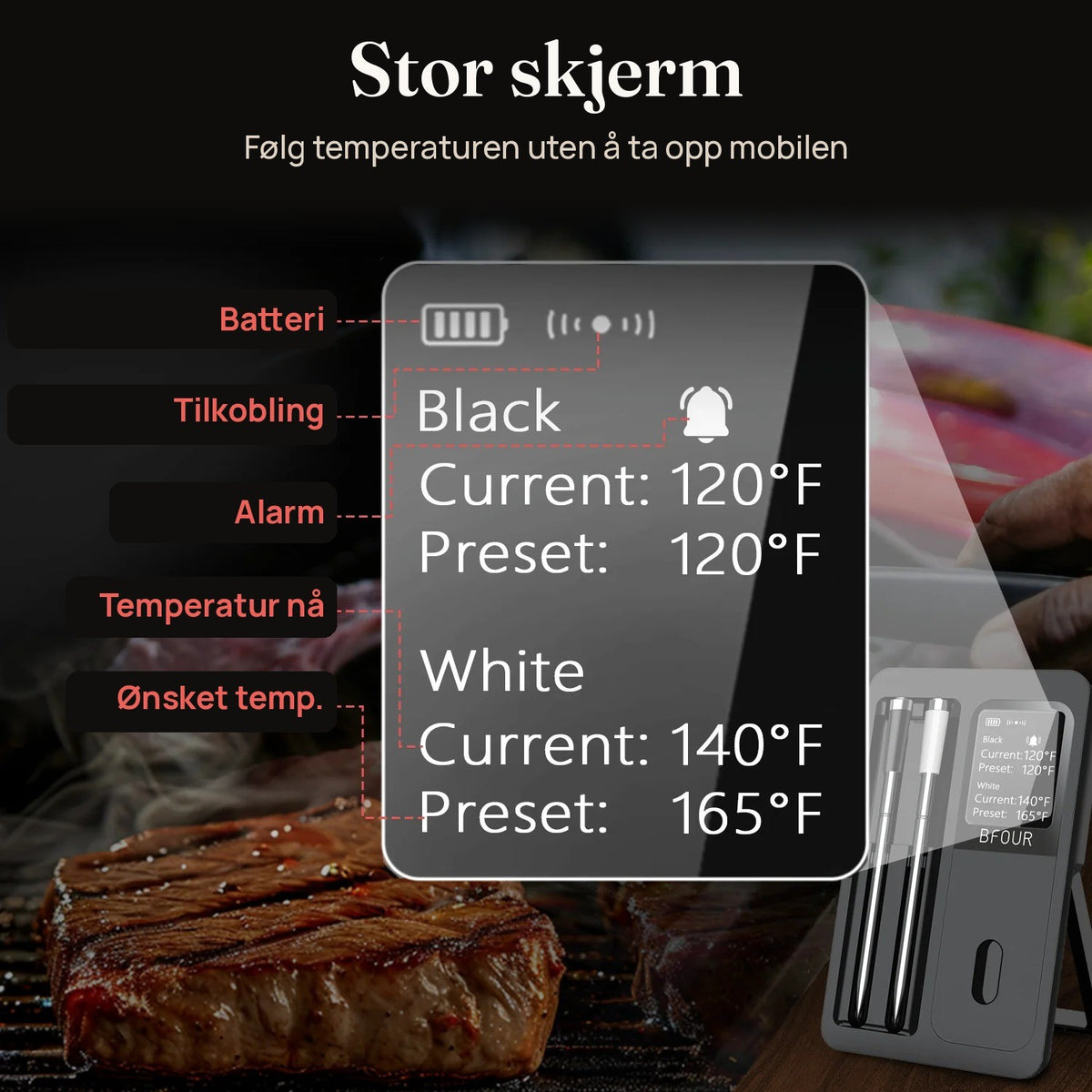 Boosterens skjerm viser batteri, tilkobling, alarm, temperatur nå og ønsket temperatur