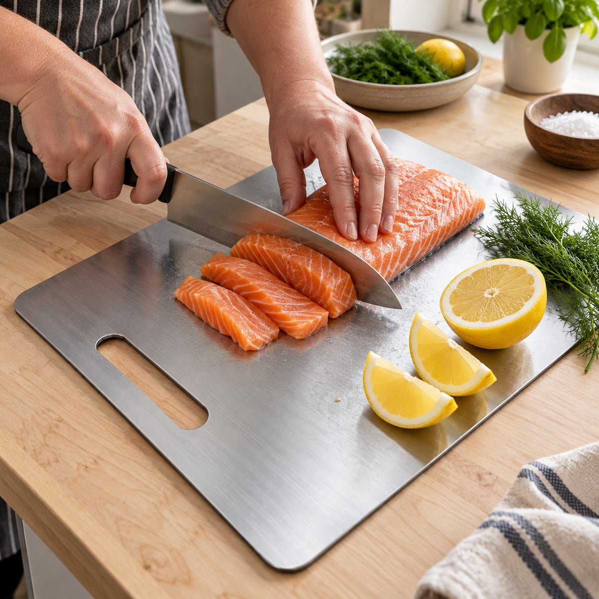 Slicing salmon and lemon on the chopping board