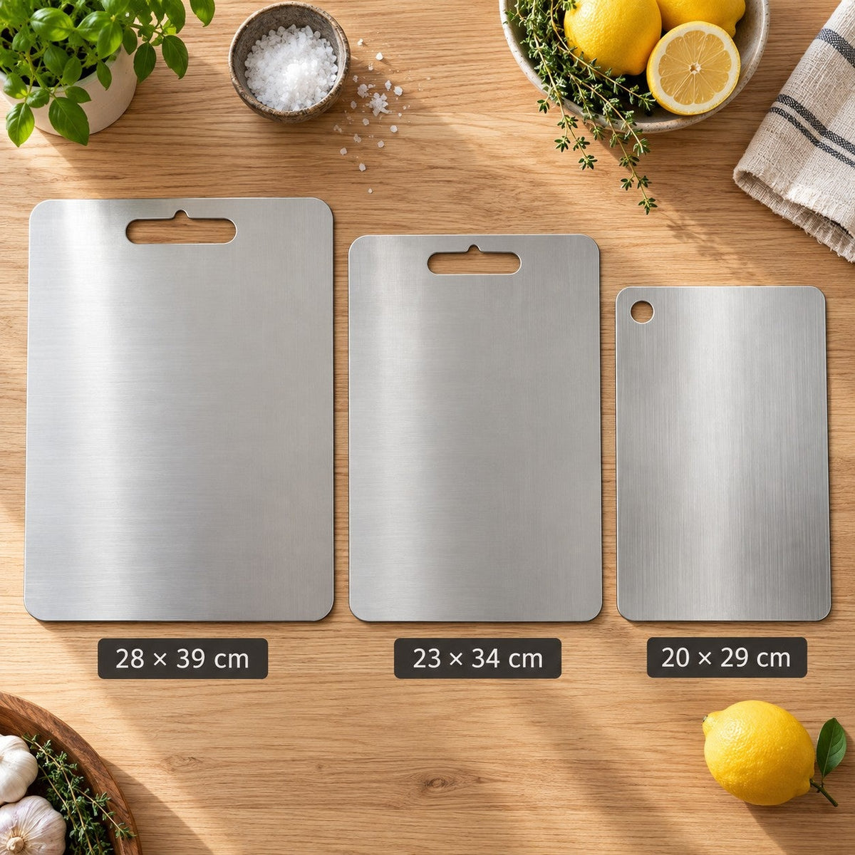 Three sizes: 28 × 39 cm, 23 × 34 cm and 20 × 29 cm