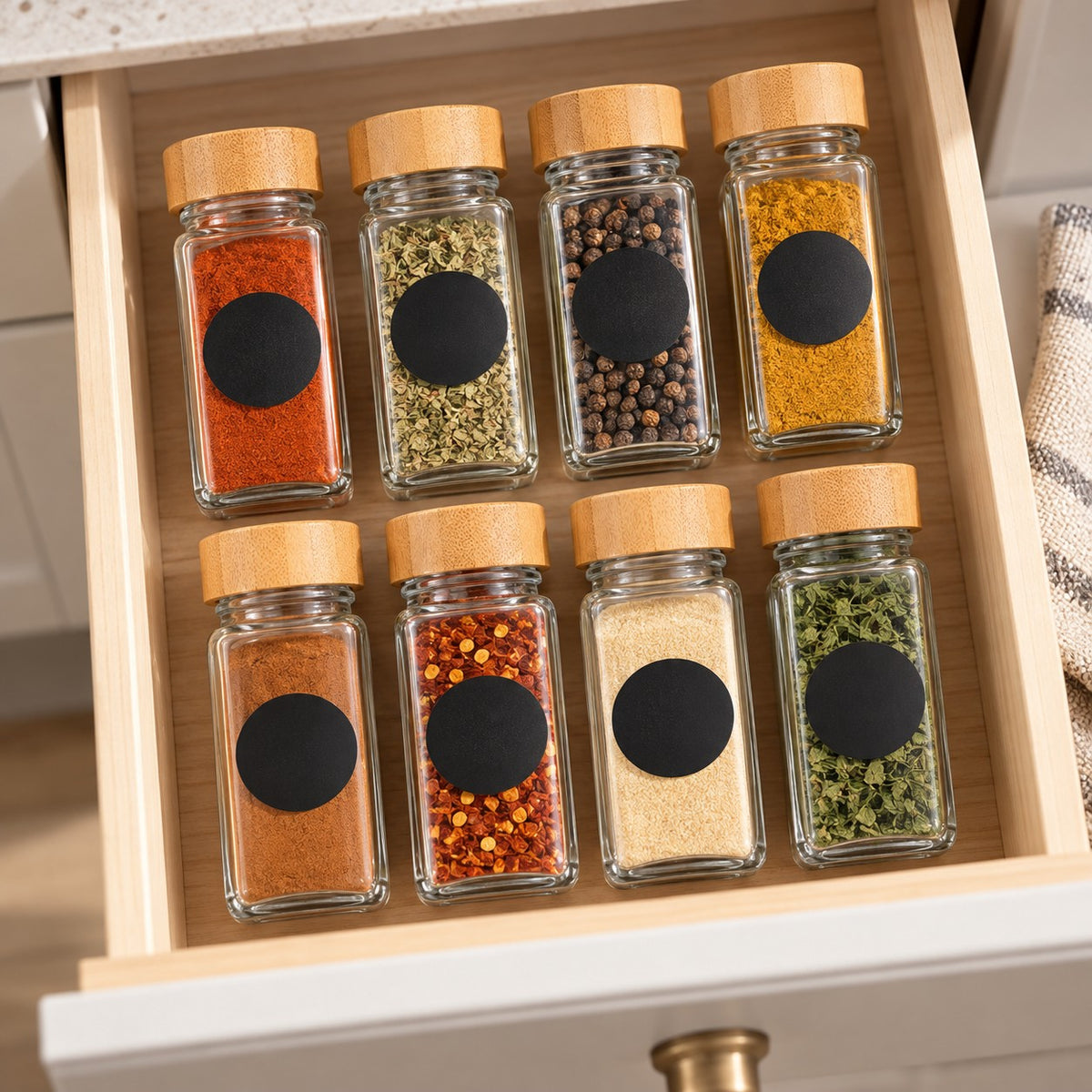 Spice jars with bamboo lids, filled with spices in an open kitchen drawer