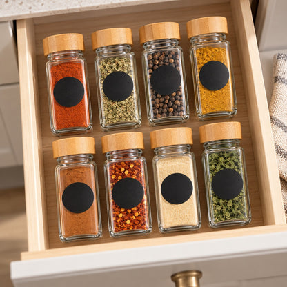 Spice jars with bamboo lids, filled with spices in an open kitchen drawer